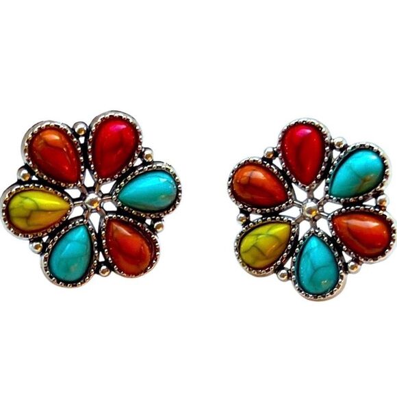 Zuni Style Cluster Studs with Classic Southwest Turquoise Tone Colorwork - Picture 1 of 8